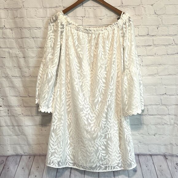 Lilly Pulitzer Nevie Dress White Swirling Leaf Off Shoulder Dress Resort - Picture 2 of 14